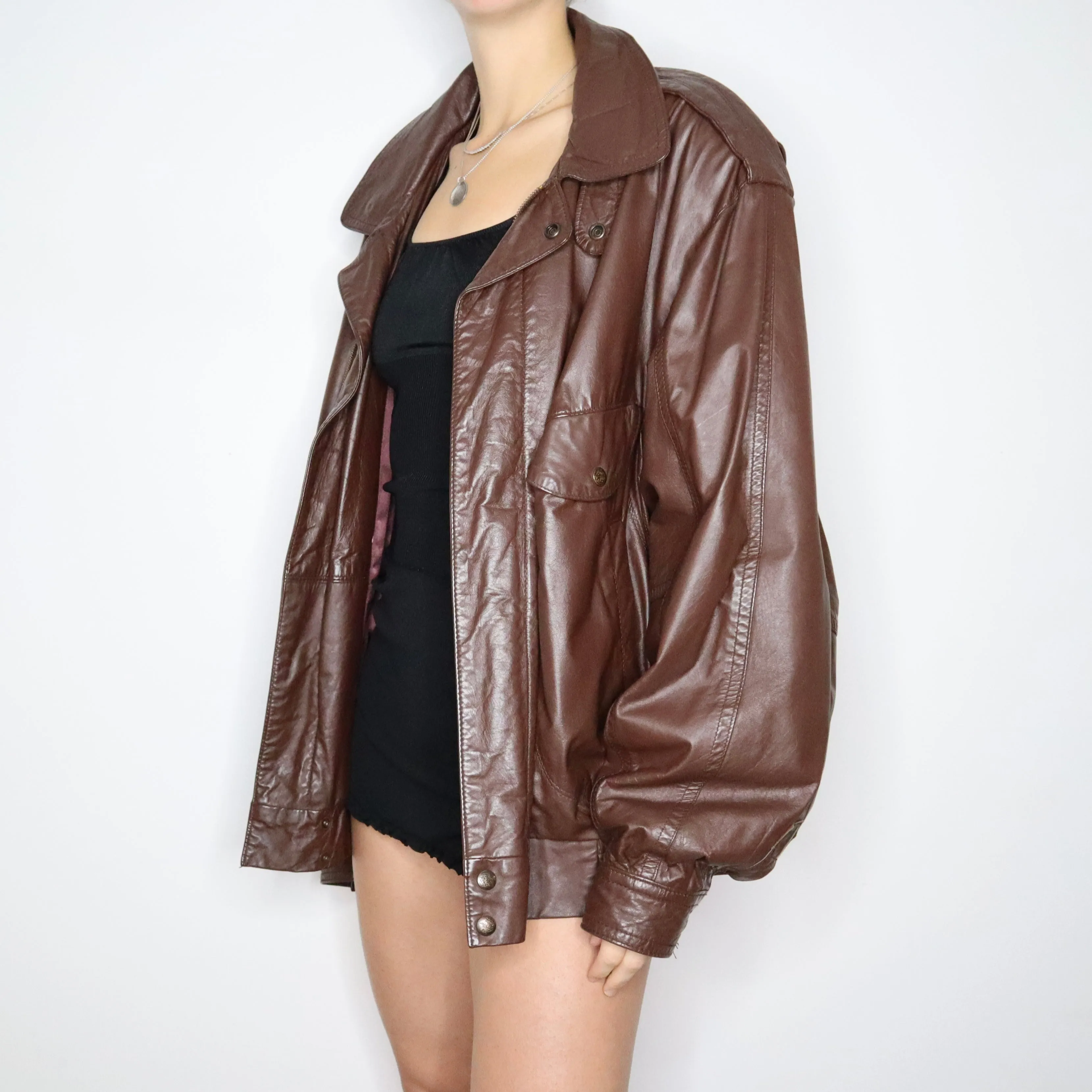 80s Oversized Brown Leather Bomber Jacket (XL/XXL)