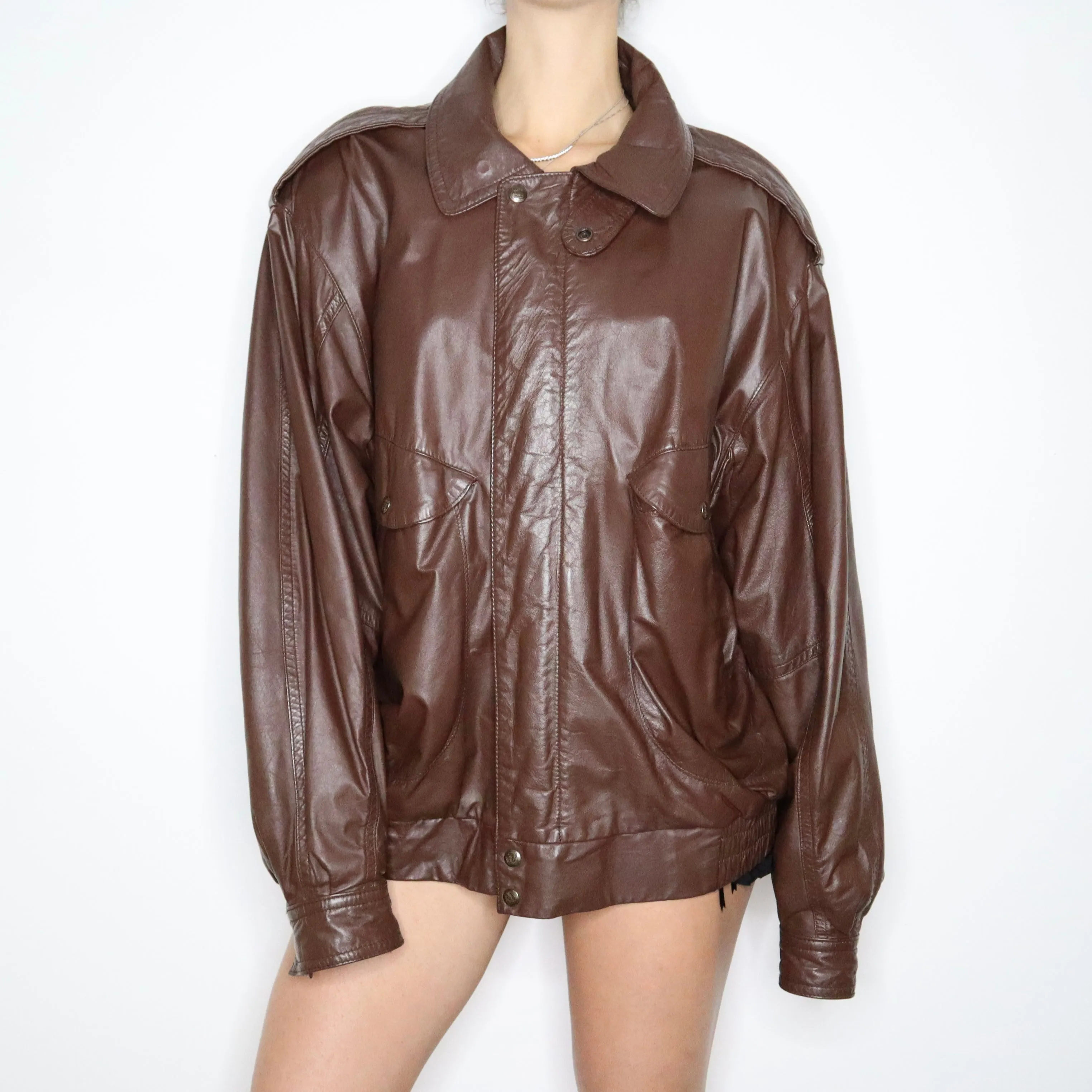 80s Oversized Brown Leather Bomber Jacket (XL/XXL)