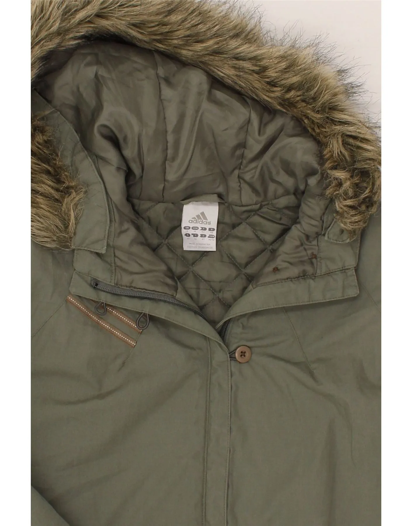 ADIDAS Womens Hooded Overcoat UK 14 Large Khaki Polyester