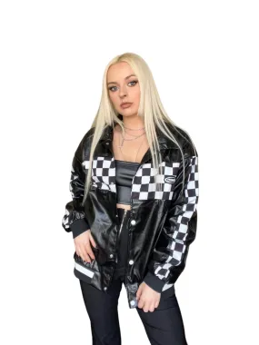 Black Faux Leather Checkerboard Motocross Bomber Jacket