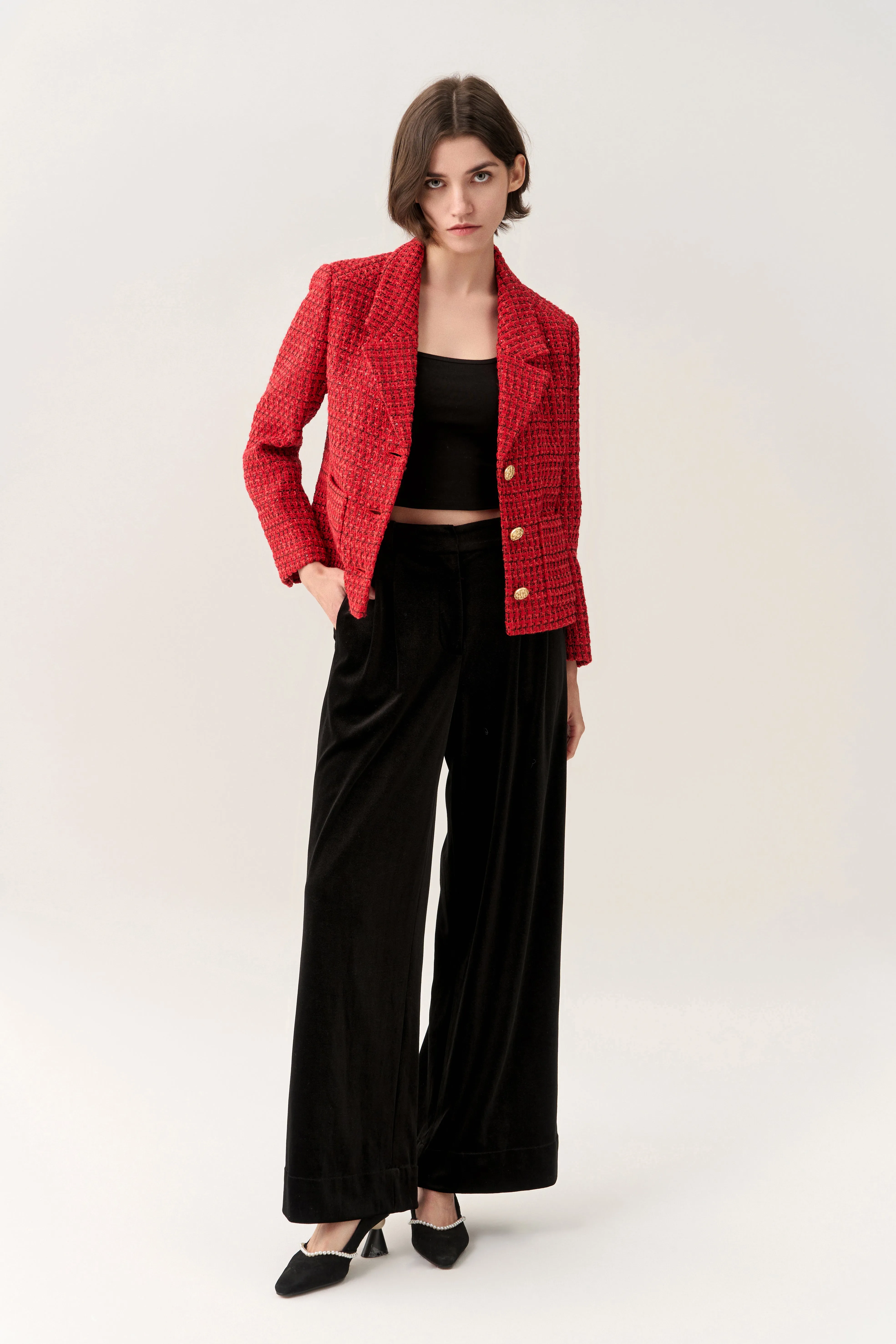 Checked Golden Button Notch Lapel Jacket