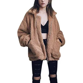 Comeon Women's Coat Casual Lapel Fleece Fuzzy Faux Shearling Zipper Coats Warm Winter Oversized Outwear Jackets