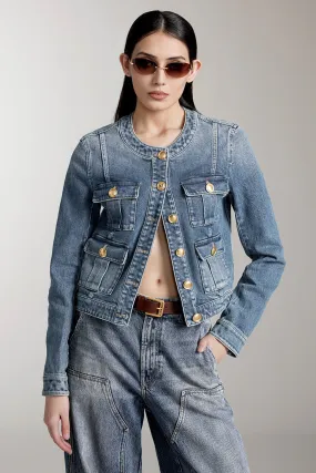 Crew Neck Cropped Cargo Denim Jacket