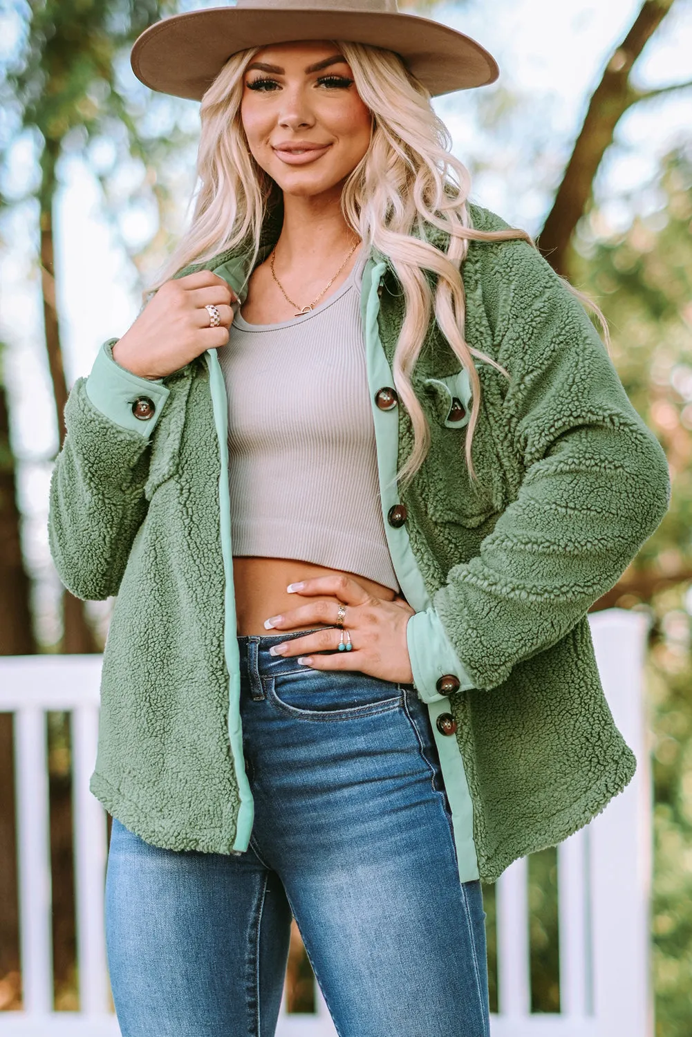 Flap Pocket Button Up Fleece Jacket