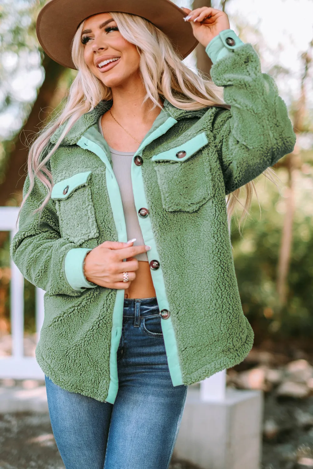 Flap Pocket Button Up Fleece Jacket