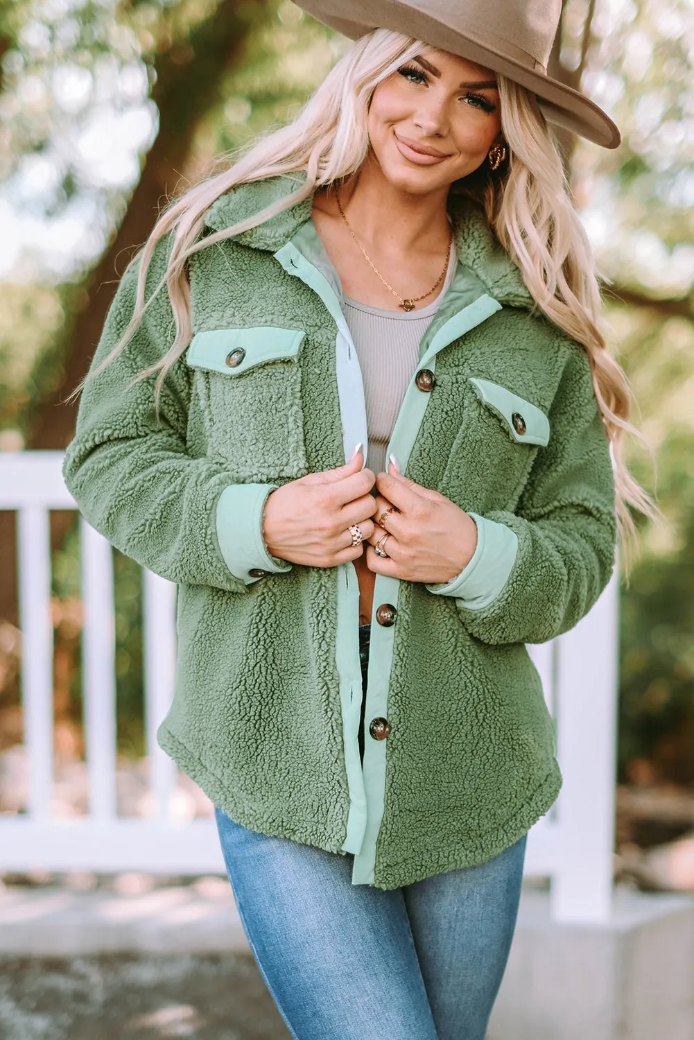 Flap Pocket Button Up Fleece Jacket