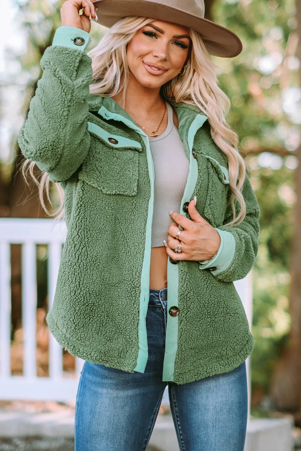 Flap Pocket Button Up Fleece Jacket
