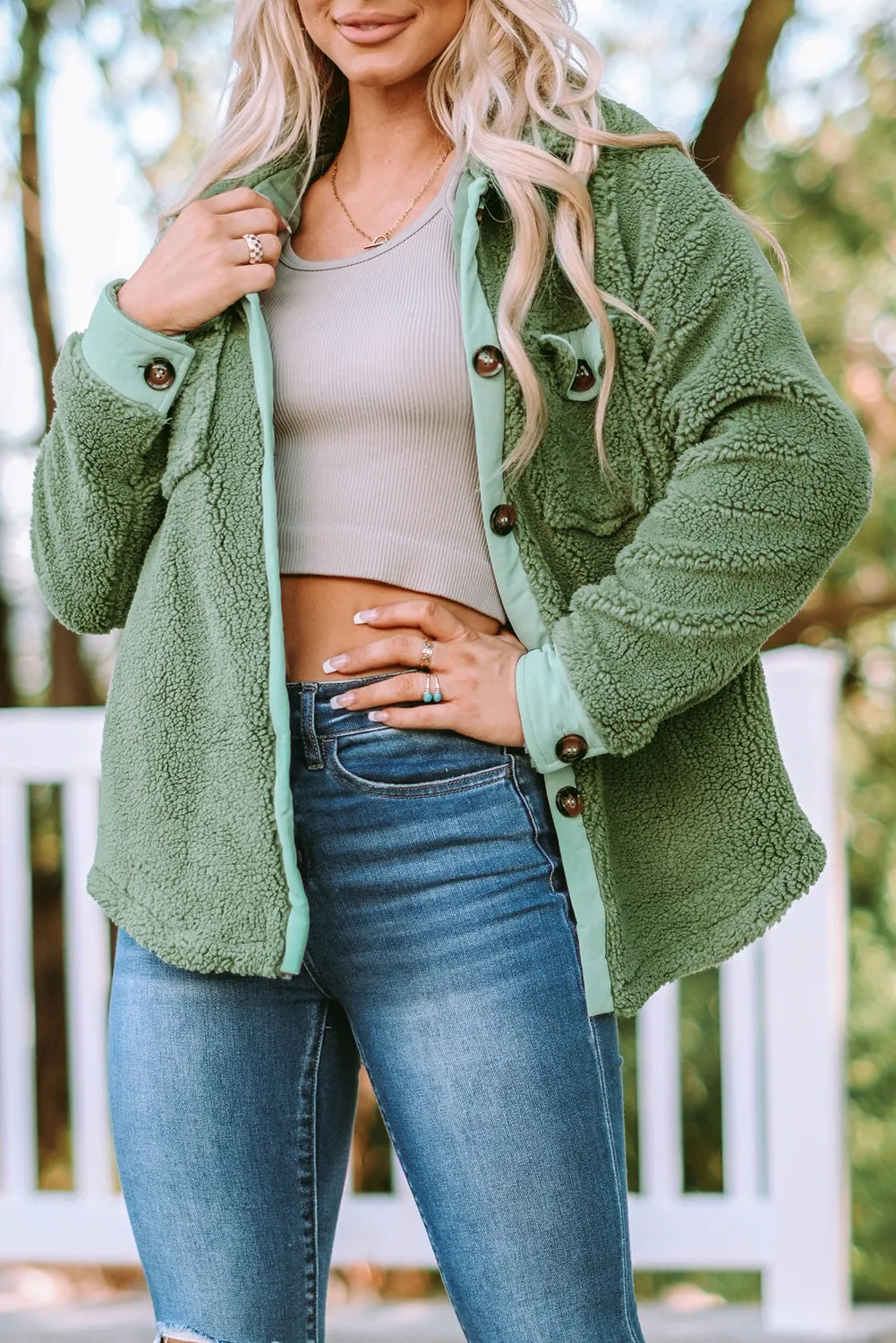 Flap Pocket Button Up Fleece Jacket