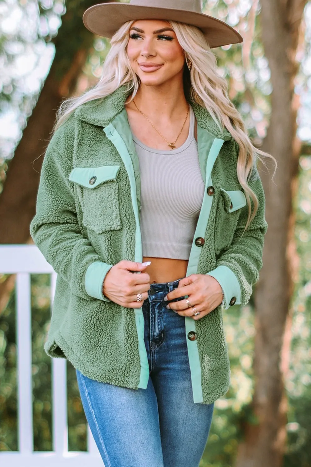 Flap Pocket Button Up Fleece Jacket