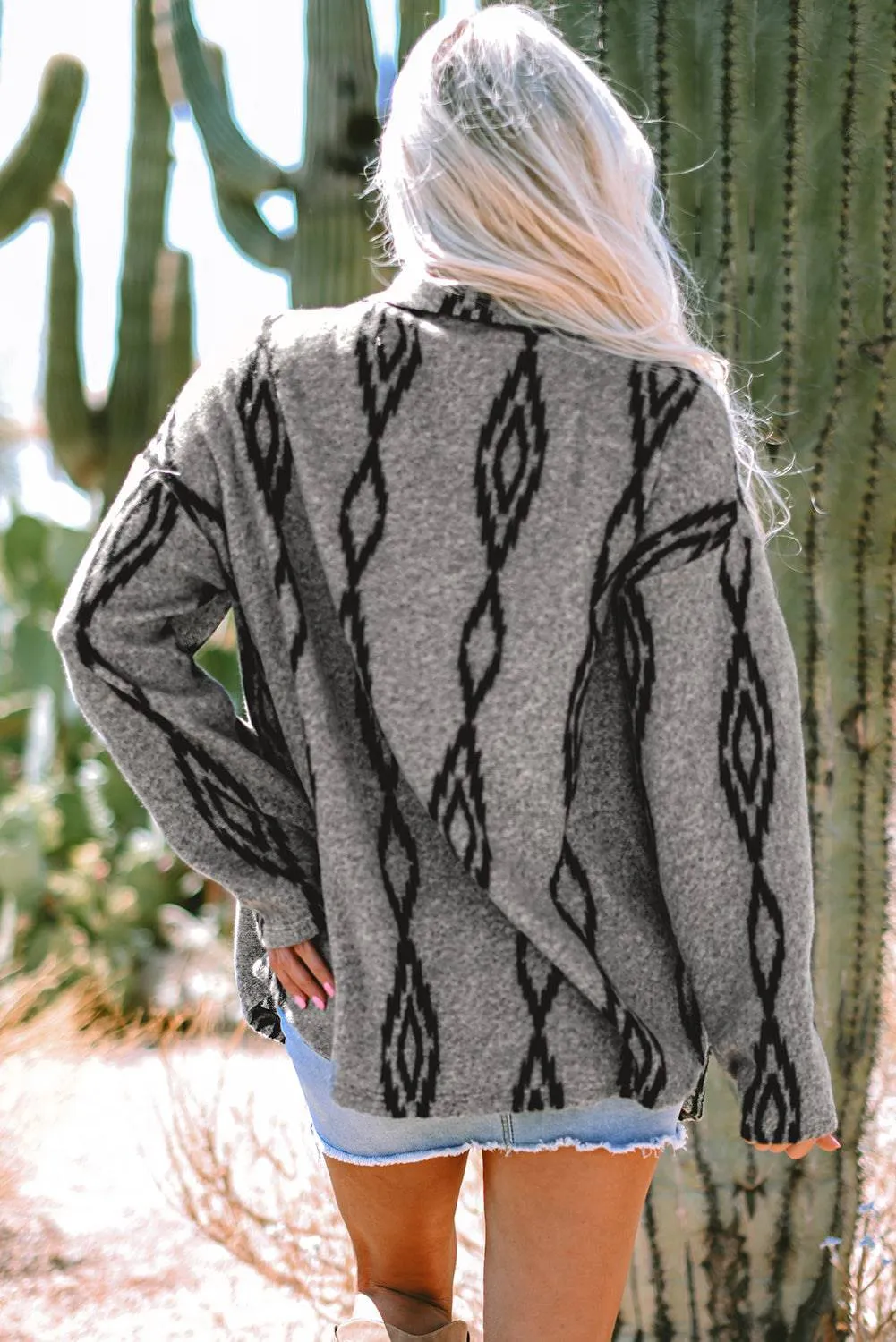 Grey Aztec Contrast Chest Pockets Loose Shacket