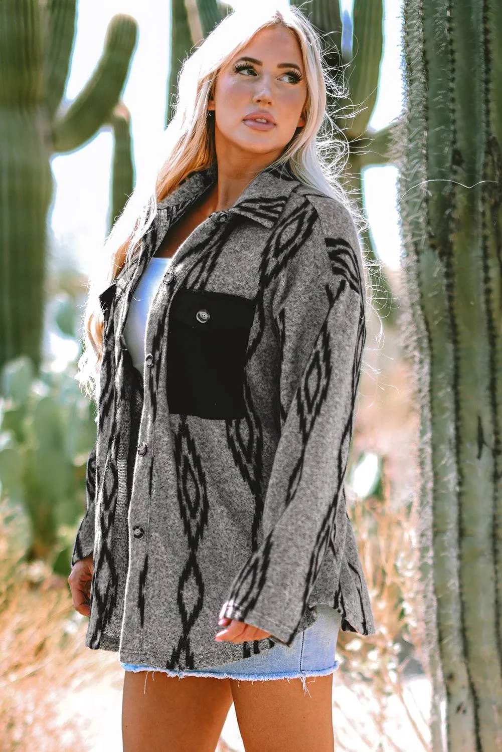 Grey Aztec Contrast Chest Pockets Loose Shacket