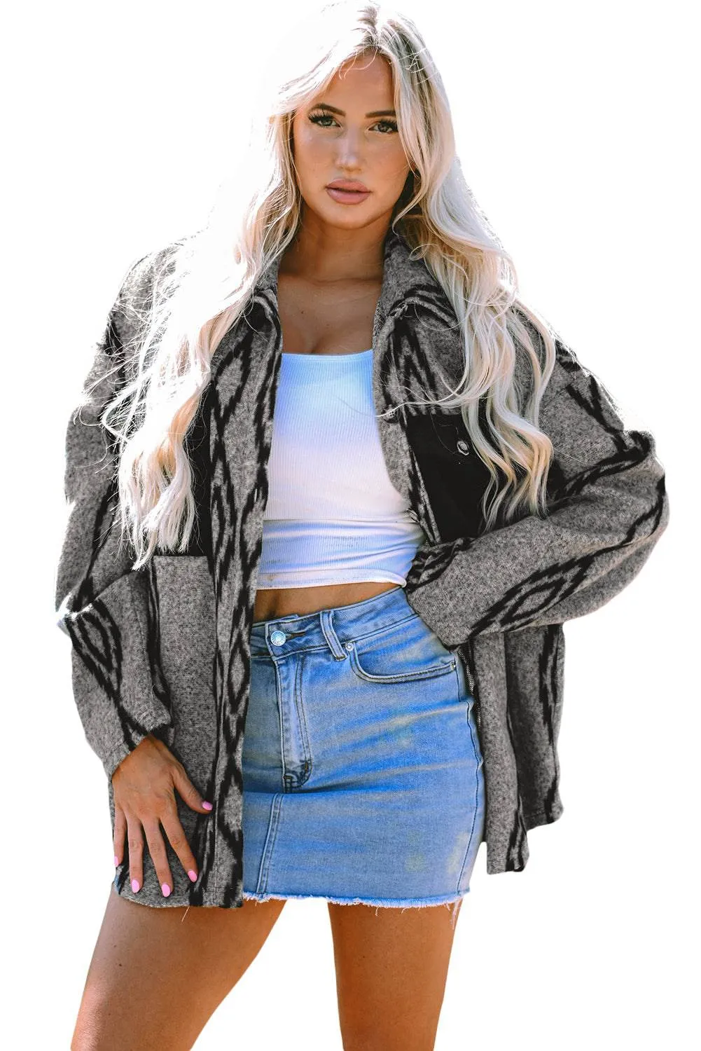 Grey Aztec Contrast Chest Pockets Loose Shacket