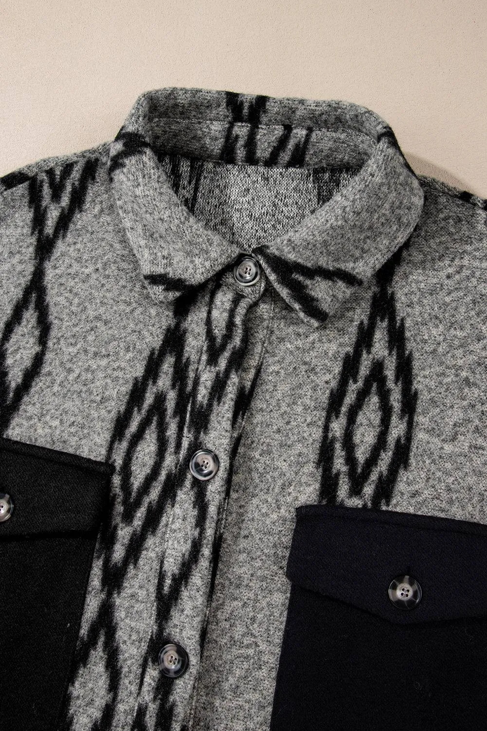 Grey Aztec Contrast Chest Pockets Loose Shacket
