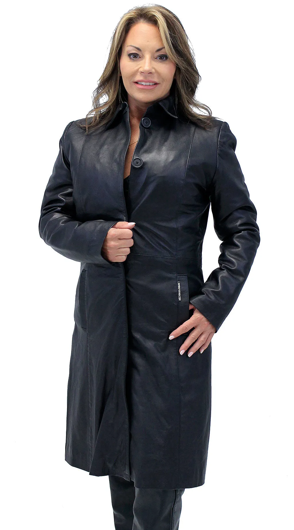 Hidden Button Long Lambskin Leather Coat For Women #L2011398ZK ()