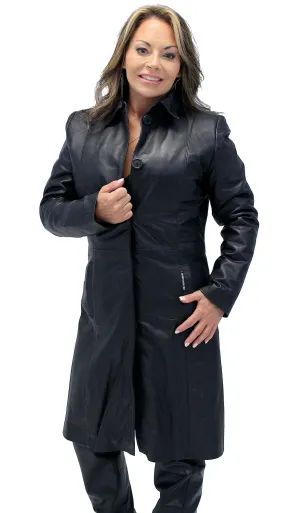 Hidden Button Long Lambskin Leather Coat For Women #L2011398ZK ()