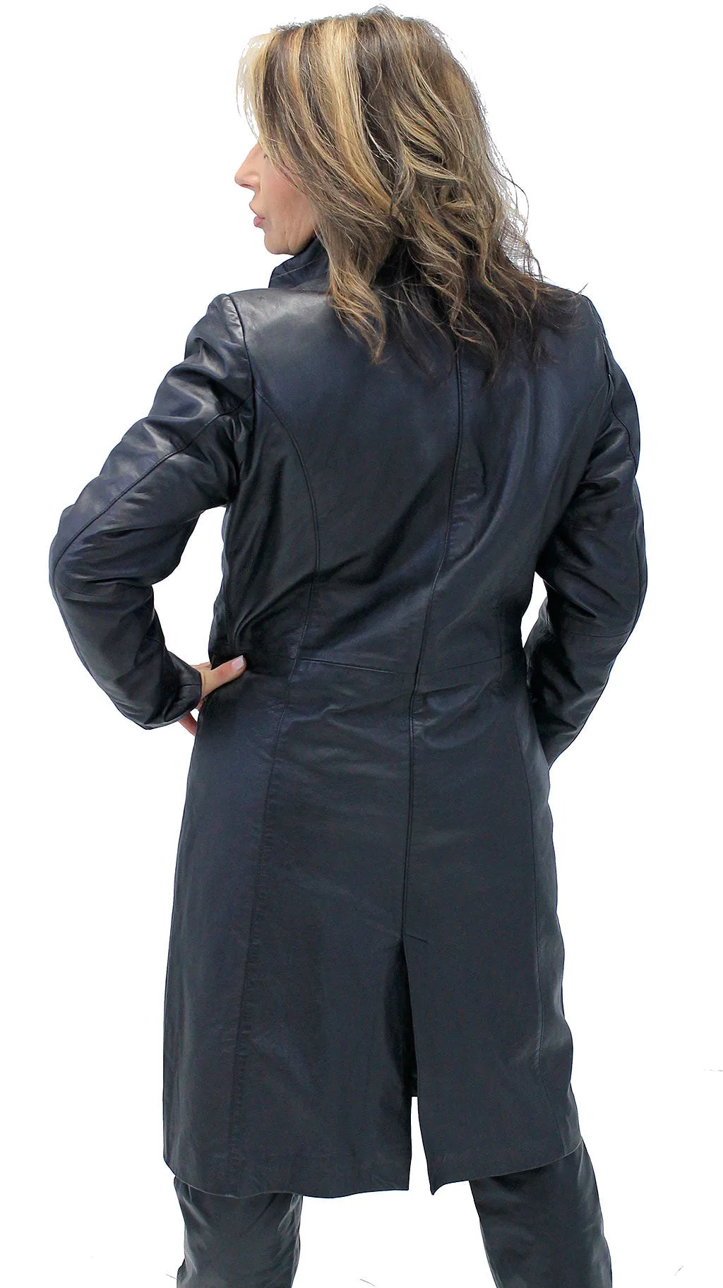 Hidden Button Long Lambskin Leather Coat For Women #L2011398ZK ()