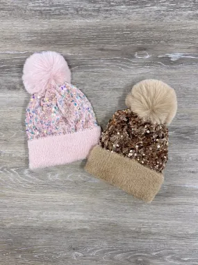 Infant or Baby Girls Sequin Pom Pom Beanie Hat