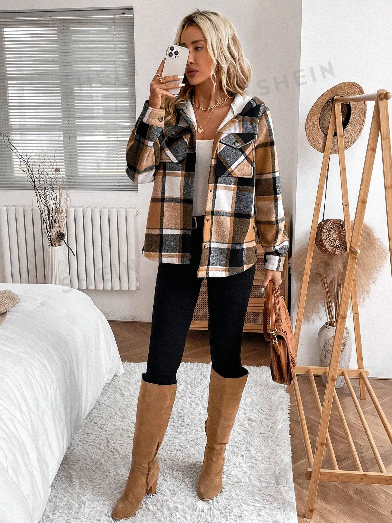 LUNE Women's Casual Plaid Fleece Lined Hooded Regular Jacket, Winter