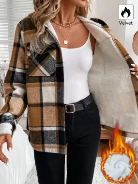 LUNE Women's Casual Plaid Fleece Lined Hooded Regular Jacket, Winter