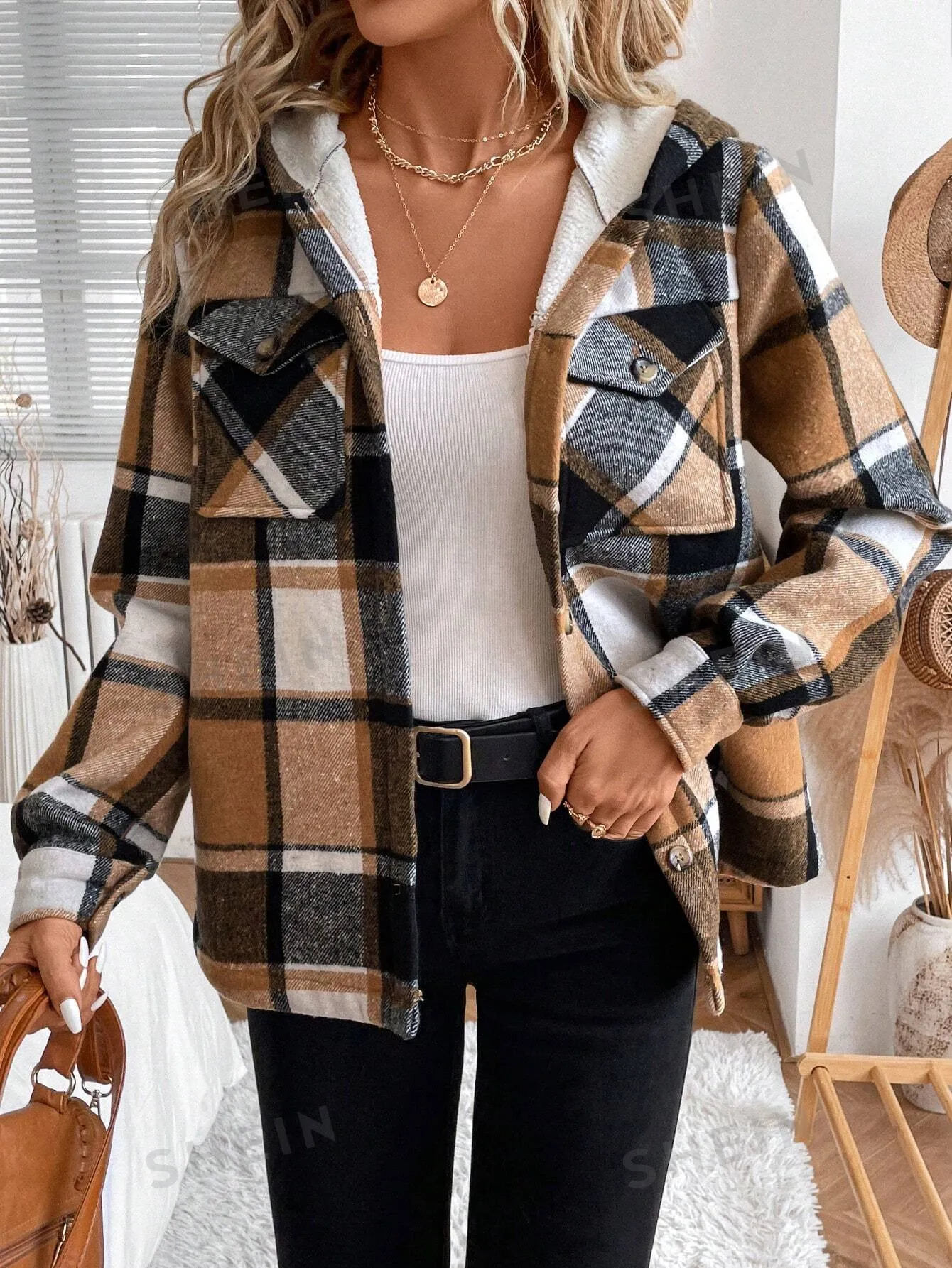 LUNE Women's Casual Plaid Fleece Lined Hooded Regular Jacket, Winter