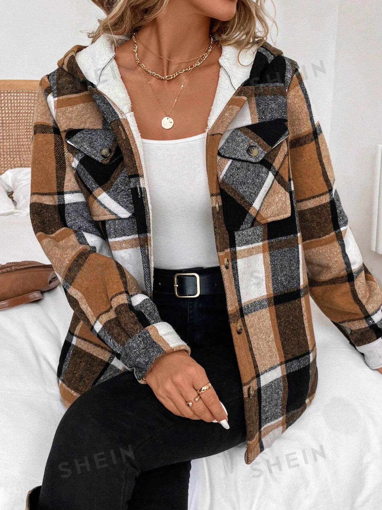 LUNE Women's Casual Plaid Fleece Lined Hooded Regular Jacket, Winter