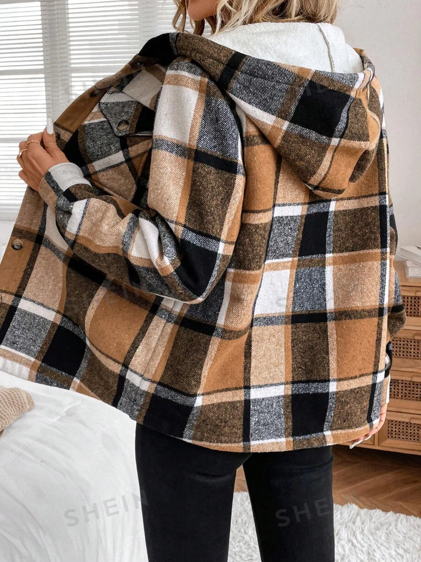 LUNE Women's Casual Plaid Fleece Lined Hooded Regular Jacket, Winter