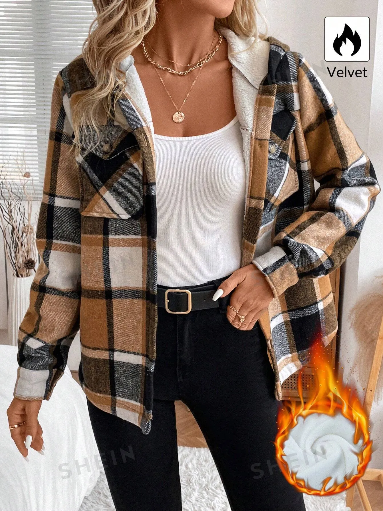 LUNE Women's Casual Plaid Fleece Lined Hooded Regular Jacket, Winter