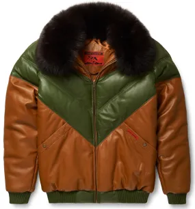 Men's Brown & Green Leather V-Bomber Jacket