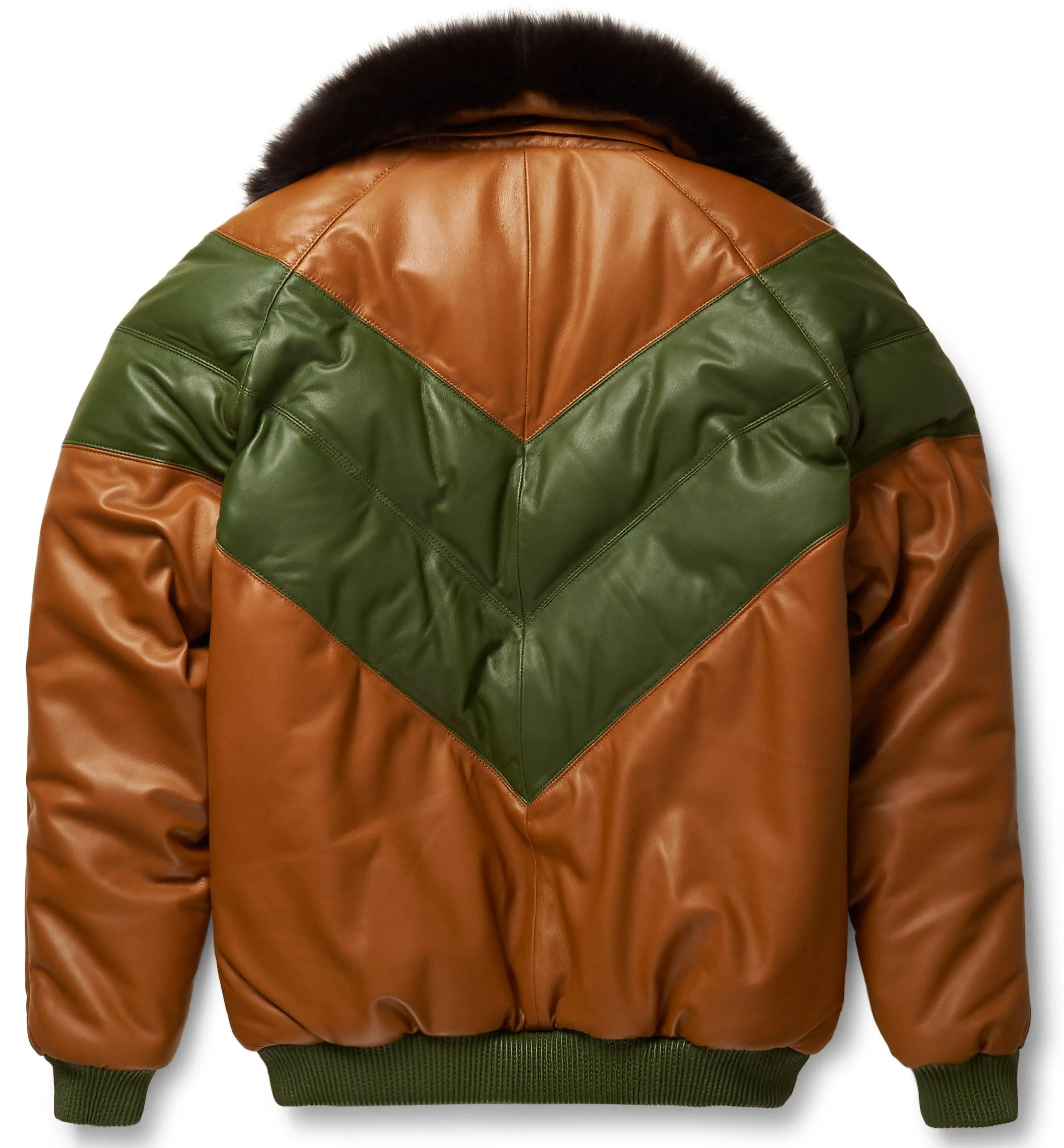 Men's Brown & Green Leather V-Bomber Jacket