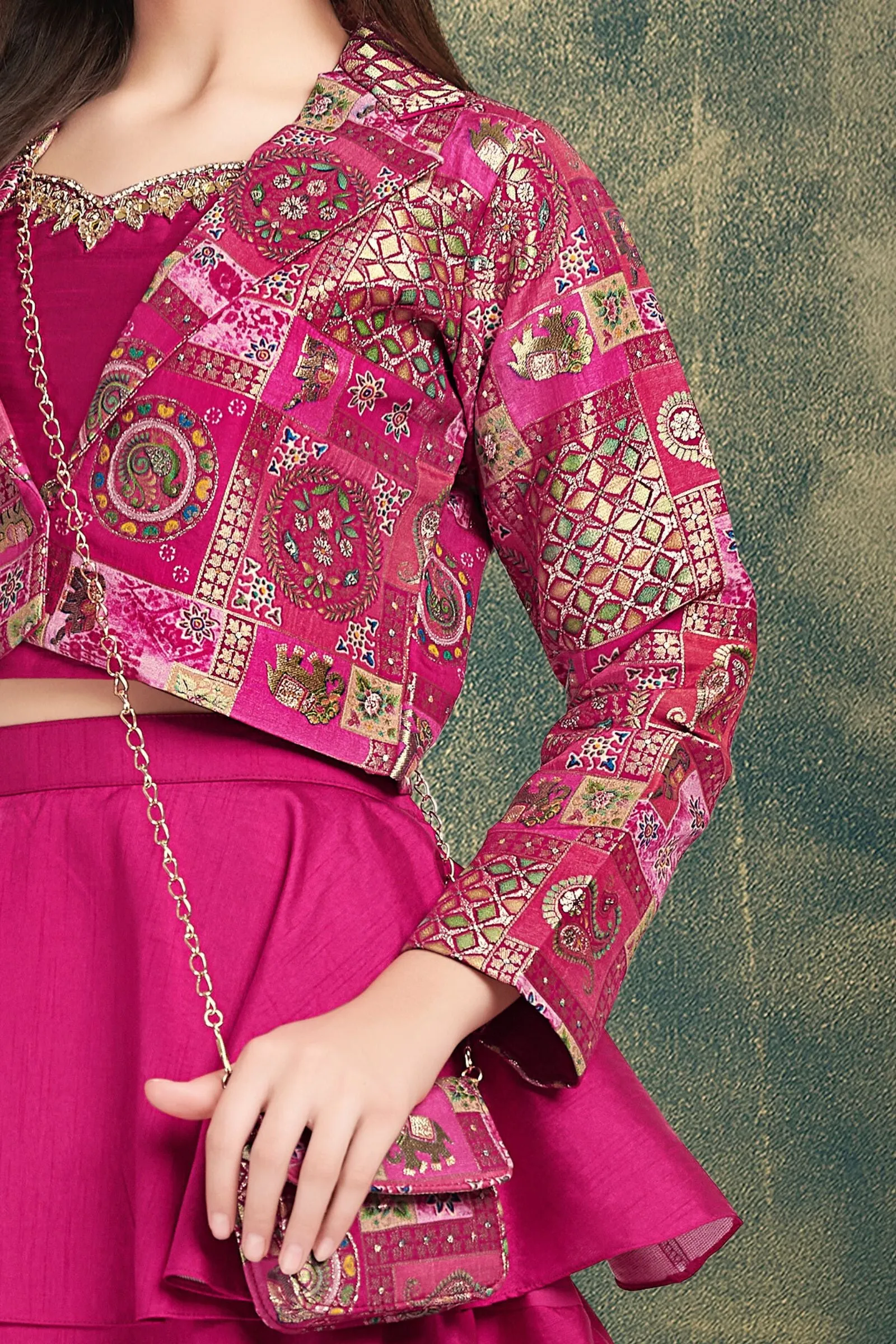 Rani Pink Mirror, Stone, Zardozi and Banaras work Jacket Styled Lehenga Choli for Girls