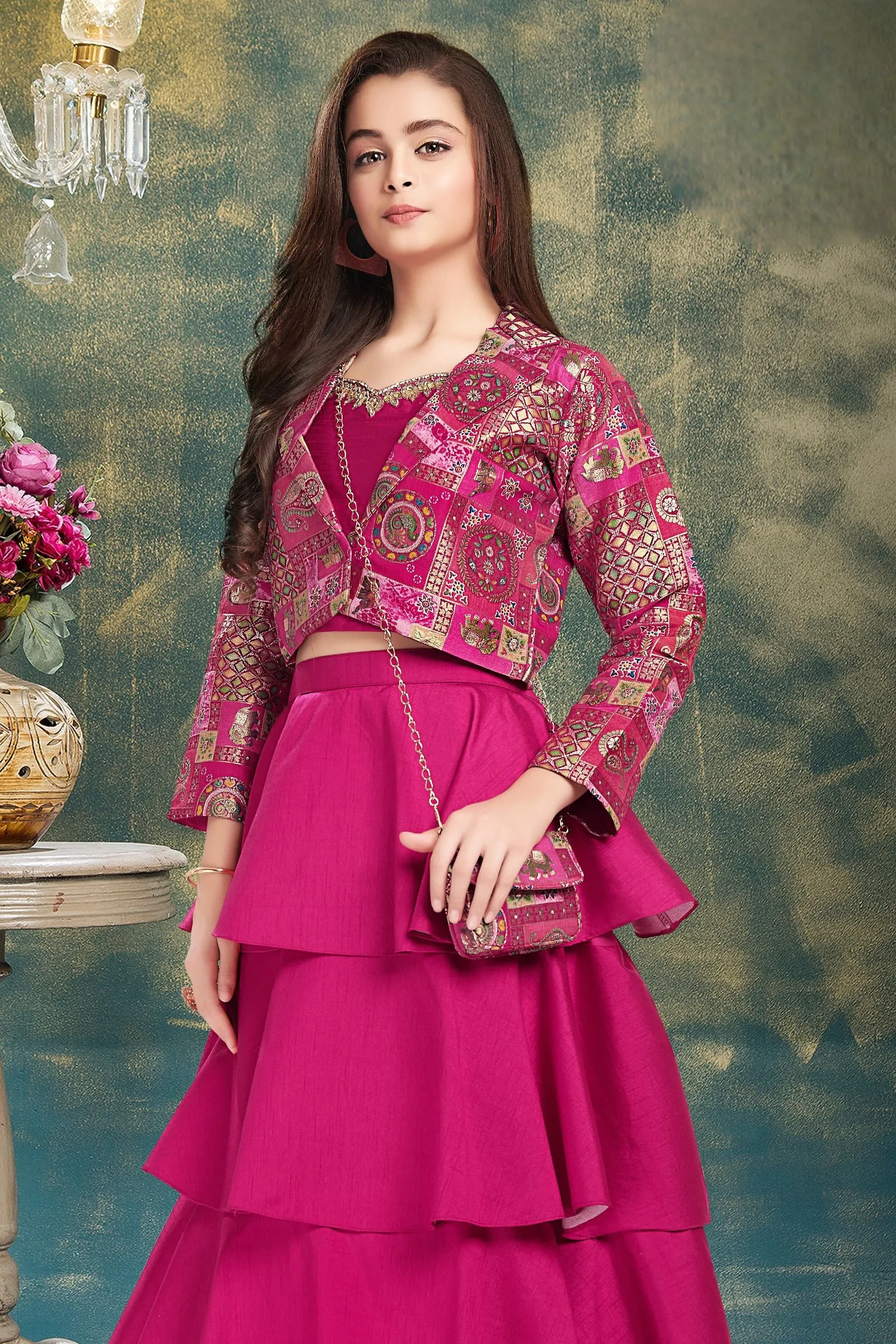 Rani Pink Mirror, Stone, Zardozi and Banaras work Jacket Styled Lehenga Choli for Girls