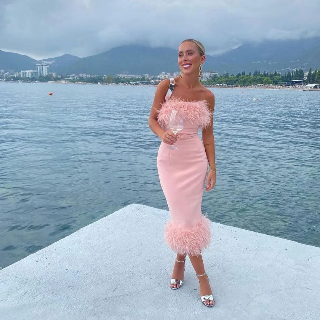 Strapless Slit Bodycon Cocktail Midi Dress - Pink