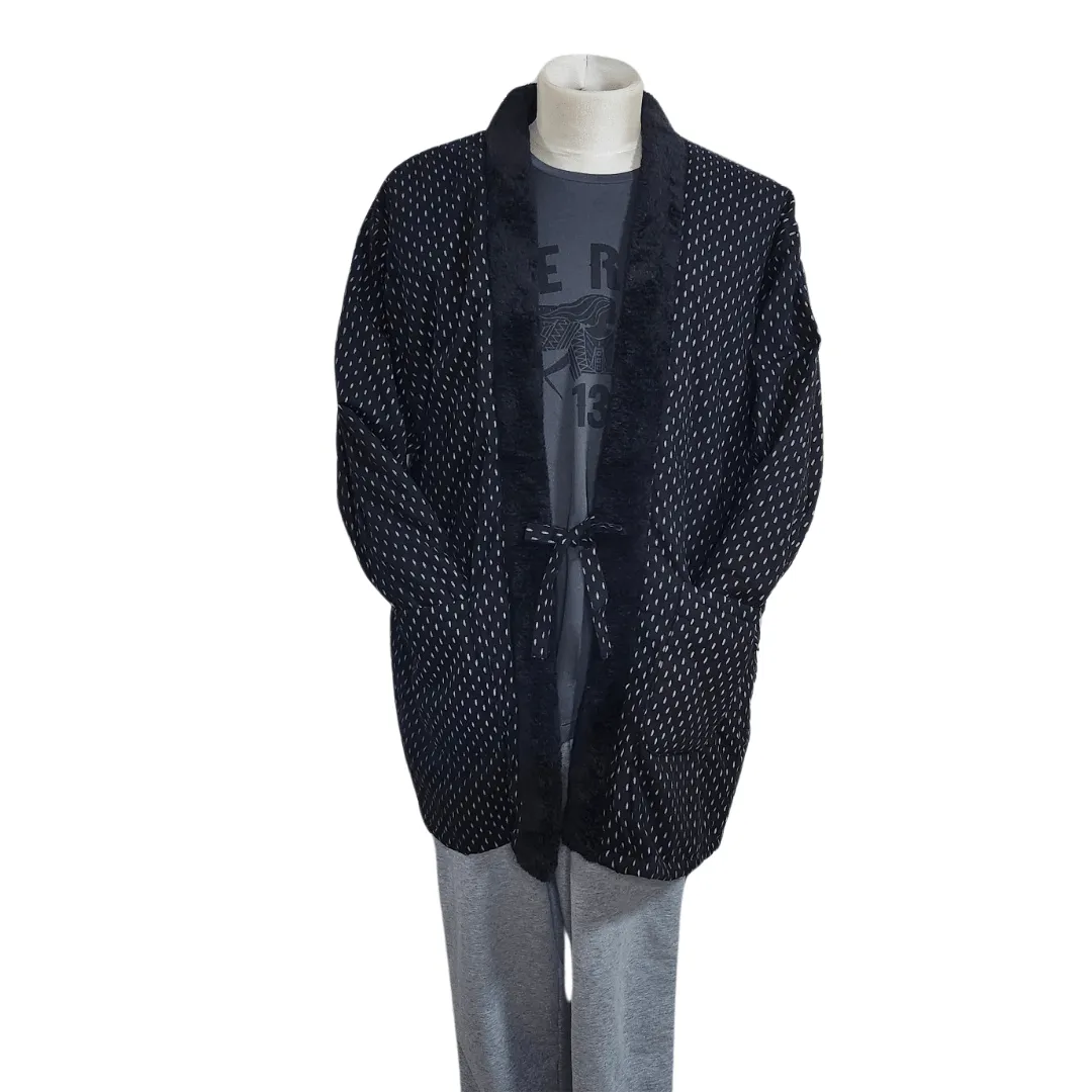 Traditional Japanese Hanten coat (unisex) - boa fleece lined Black white lines