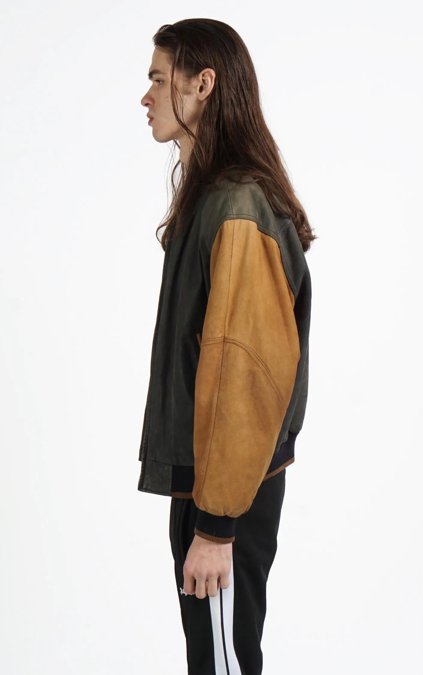 VINTAGE Brown Faded Leather Grunge Bomber Varsity Jacket