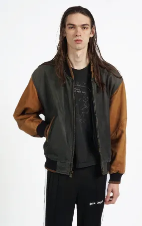 VINTAGE Brown Faded Leather Grunge Bomber Varsity Jacket