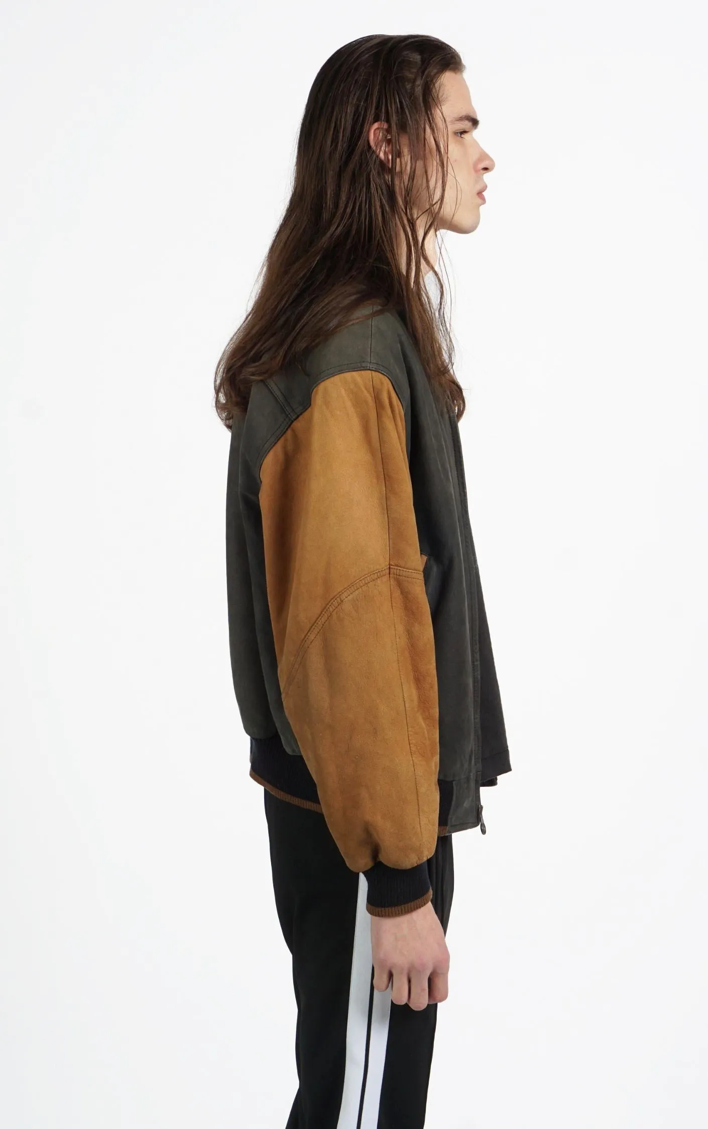 VINTAGE Brown Faded Leather Grunge Bomber Varsity Jacket