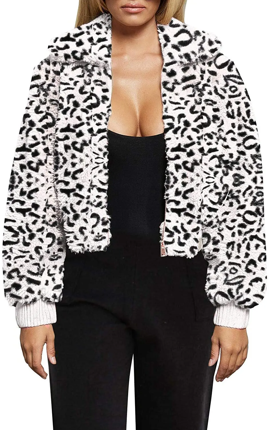 Warm Winter Cropped Faux Fur Zip-Up Khaki Jacket with Pockets
