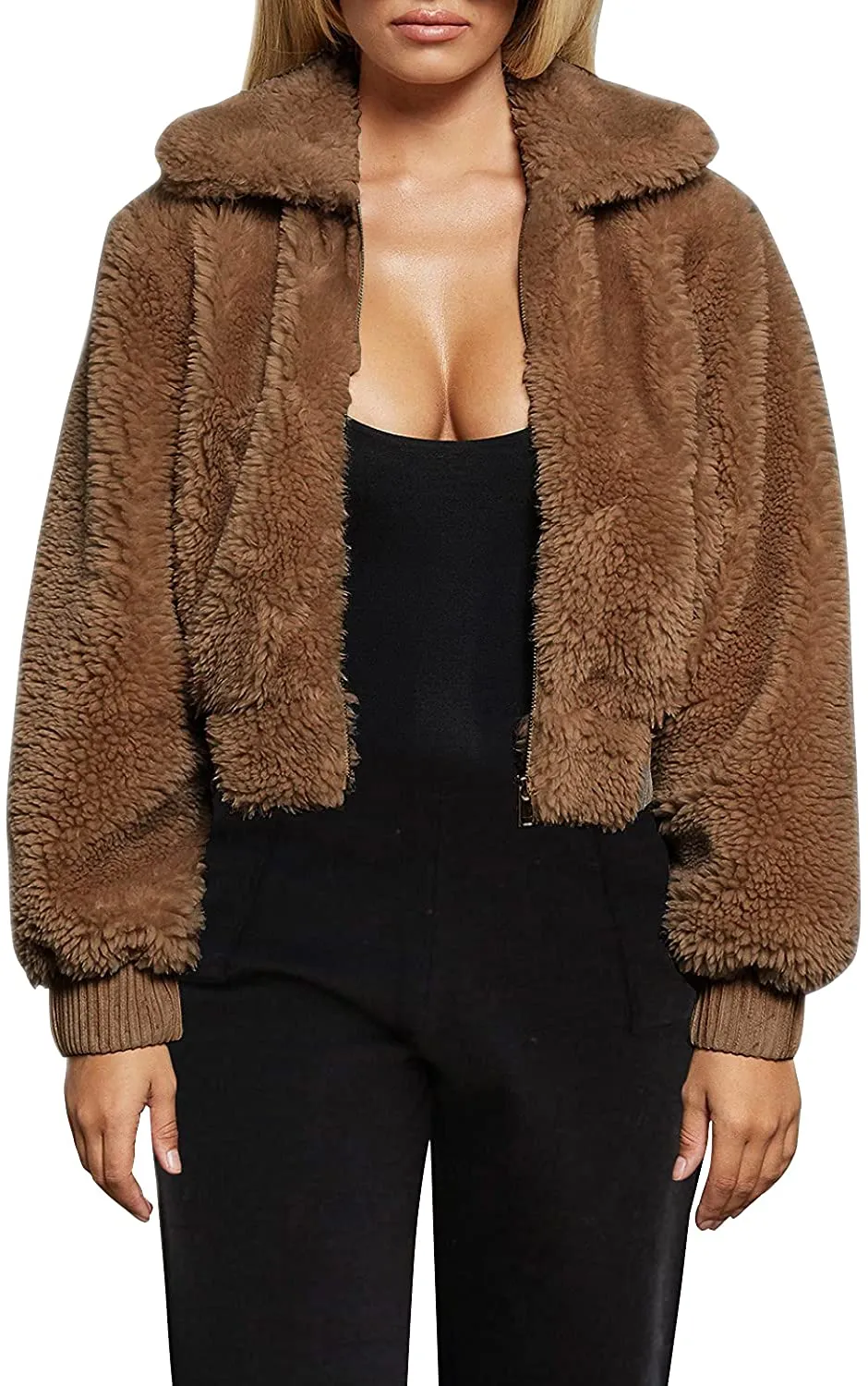 Warm Winter Cropped Faux Fur Zip-Up Khaki Jacket with Pockets