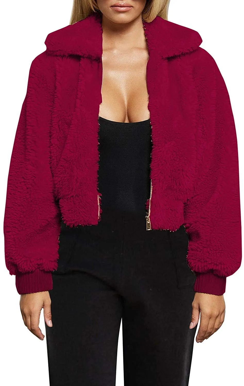 Warm Winter Cropped Faux Fur Zip-Up Khaki Jacket with Pockets