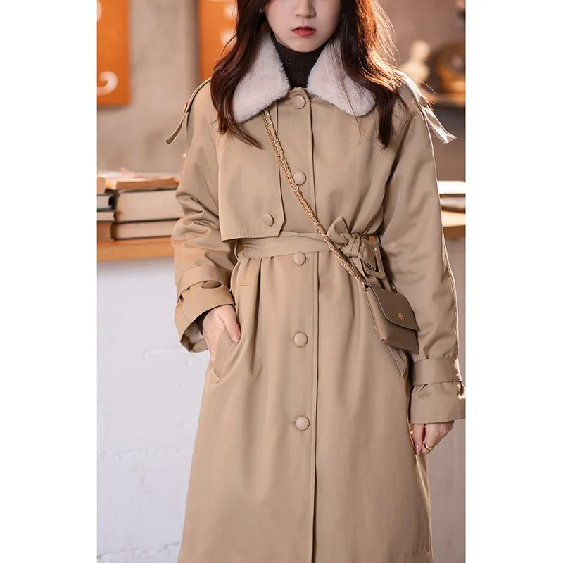 Wjczt 2022 Winter Parkas For Women Fur Collar Warm Mid Calf Belt Elegant Streetwear Warm Female Overcoats MX20D7394