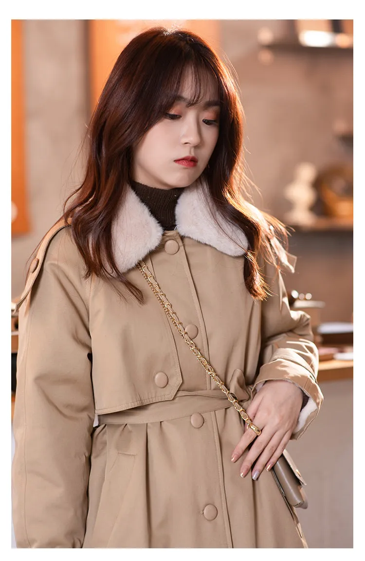 Wjczt 2022 Winter Parkas For Women Fur Collar Warm Mid Calf Belt Elegant Streetwear Warm Female Overcoats MX20D7394