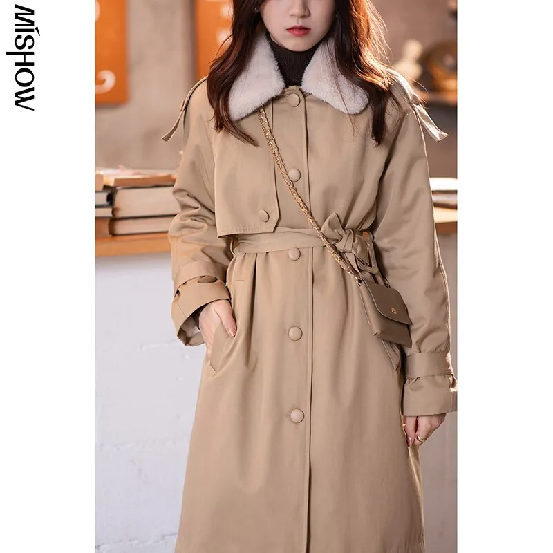Wjczt 2022 Winter Parkas For Women Fur Collar Warm Mid Calf Belt Elegant Streetwear Warm Female Overcoats MX20D7394