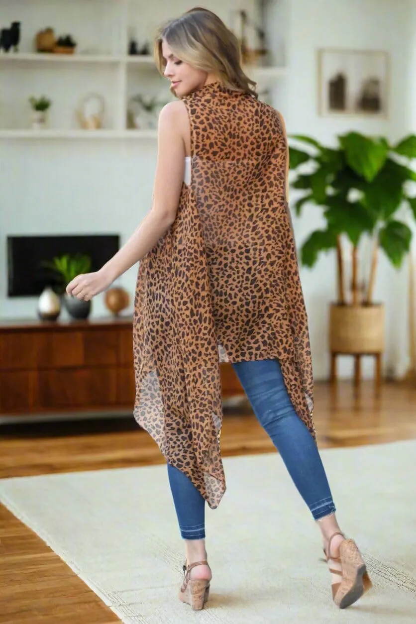 Womens Leopard Cheetah Kimono, Sleeveless Vest, Open Front Cardigan, One Size, Brown/Black